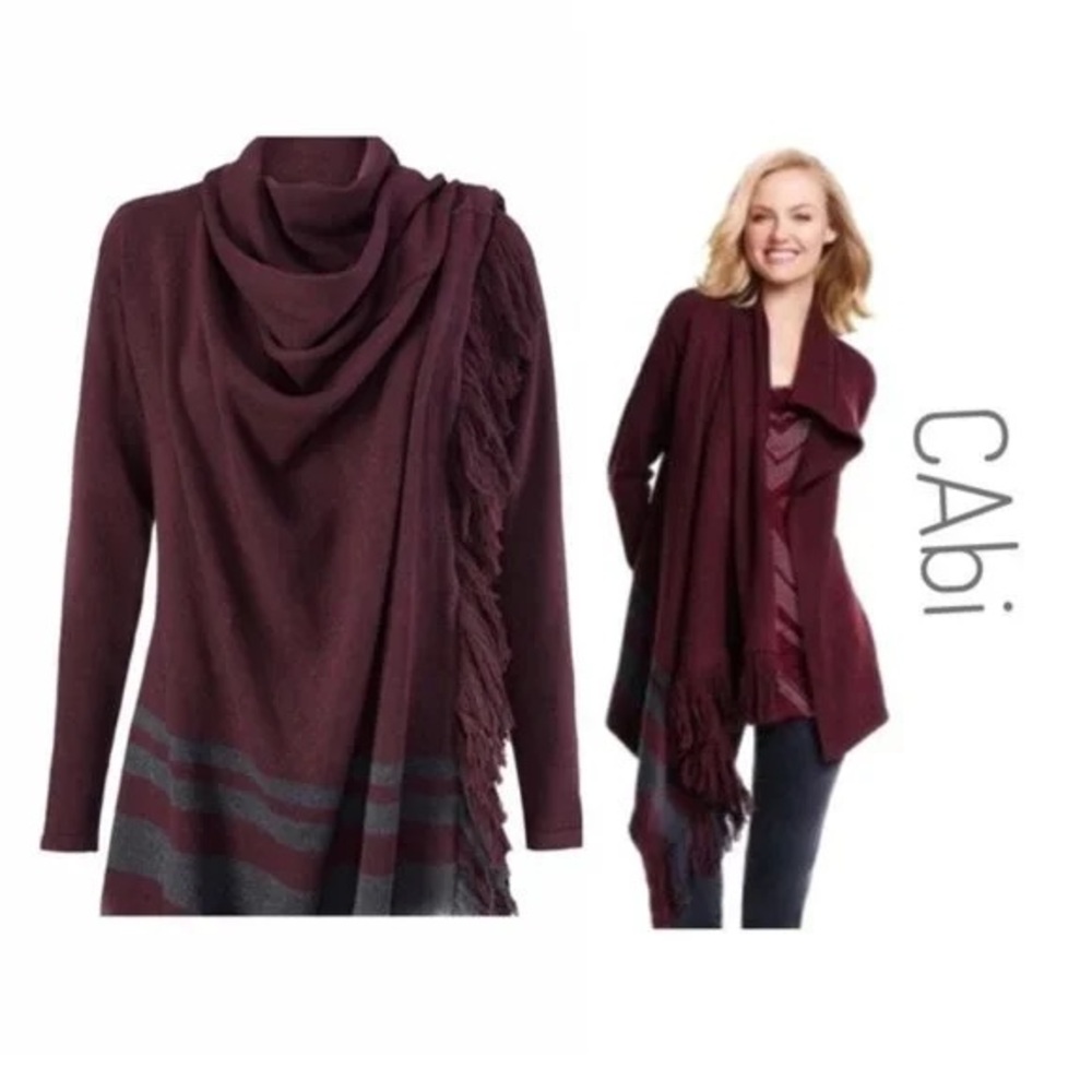 CAbi Maroon Drape Cardigan with Fringe
